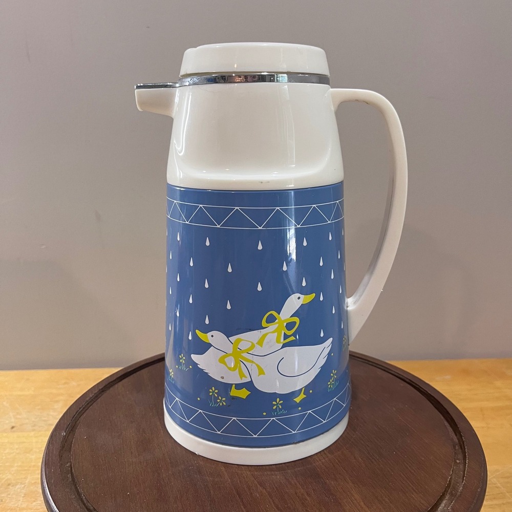 Vtg Goose Thermal Carafe Coffee Pitcher Blue White Geese Cottagecore 1980s Decor